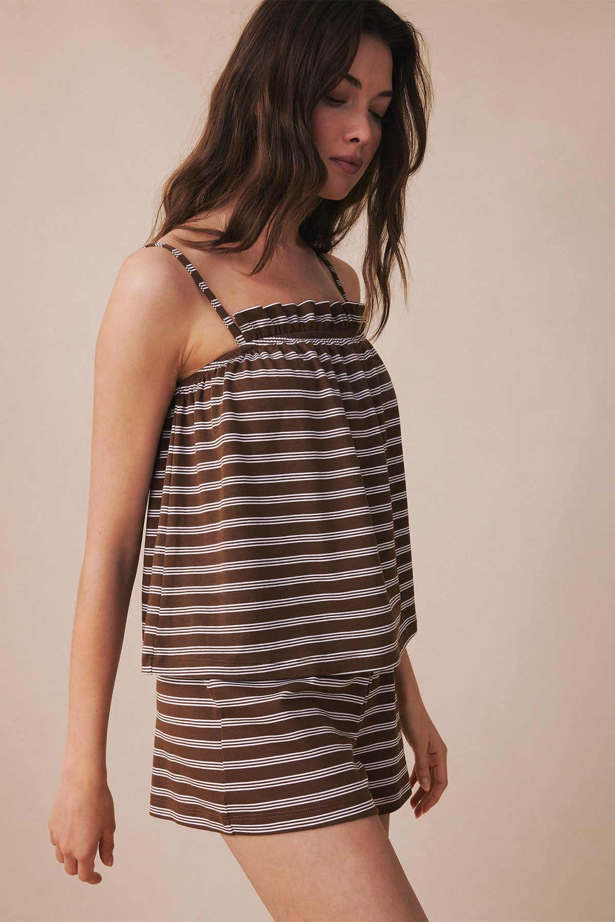 LAKE | Women | Pima Cotton Pajamas | Cocoa Triple Stripe Ruffle