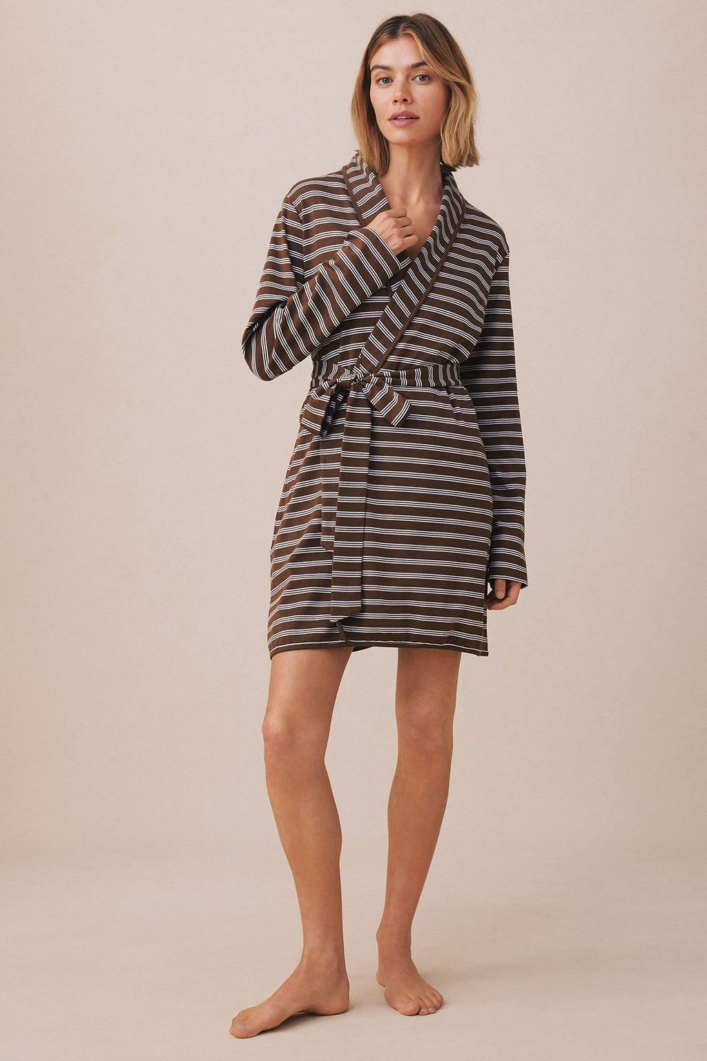 Pima Short Robe in Cocoa Triple Stripe - Main Image 2