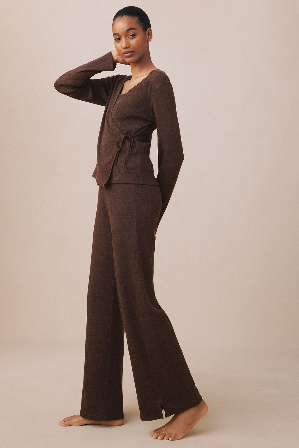 Pima Rib Wrap Three-Piece Pants Set in Cocoa Heather - Main Image 5
