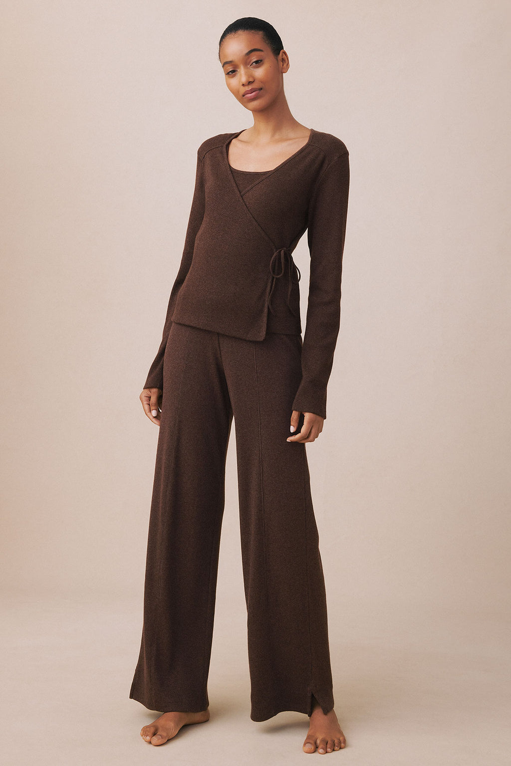 Pima Rib Wrap Three-Piece Pants Set in Cocoa Heather - Main Image 1
