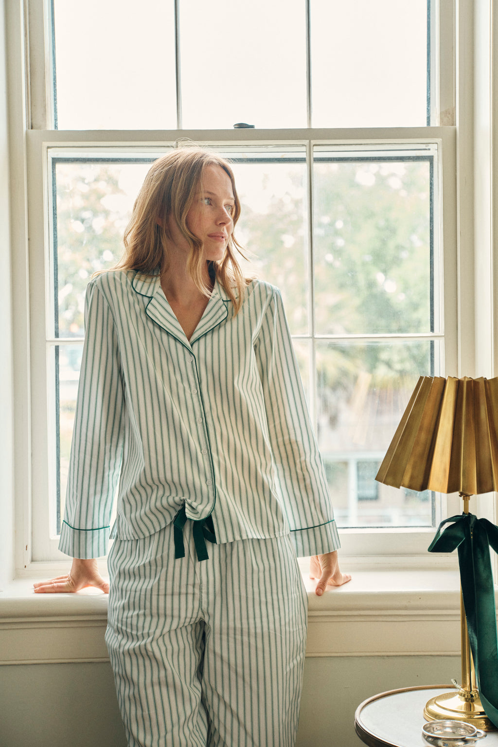 Poplin Chloe Long Sleeve Pajama Set in Classic Green Ticking Stripe - Main Image 3