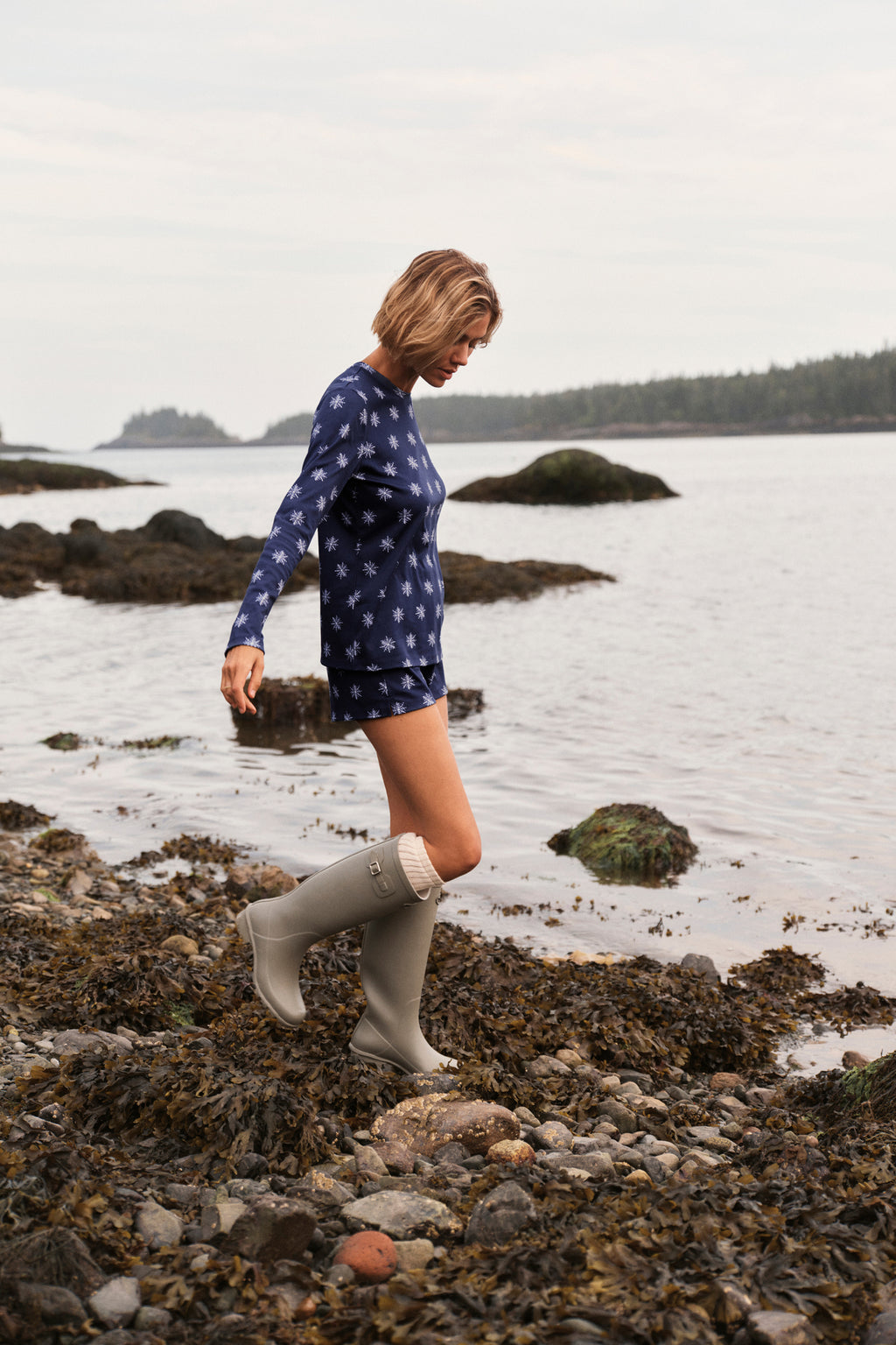 Pima Crew Long-Short Set in English Navy Snowflakes - Main Image 3