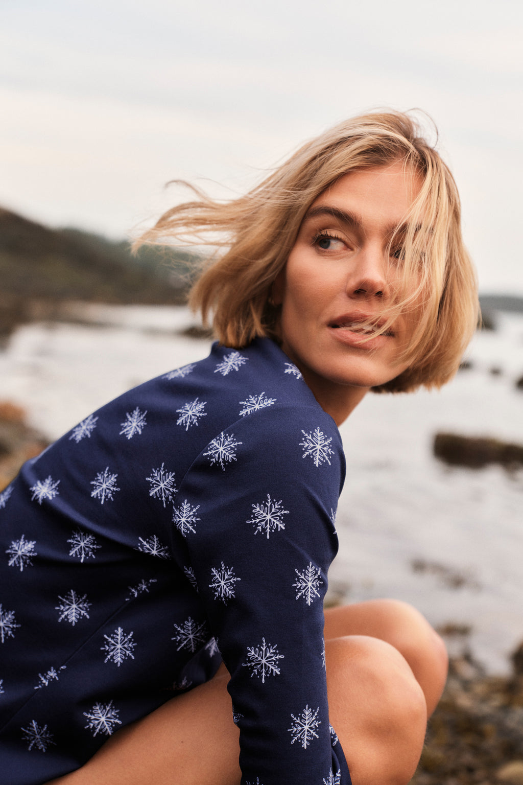 Pima Crew Long-Short Set in English Navy Snowflakes - Main Image 1