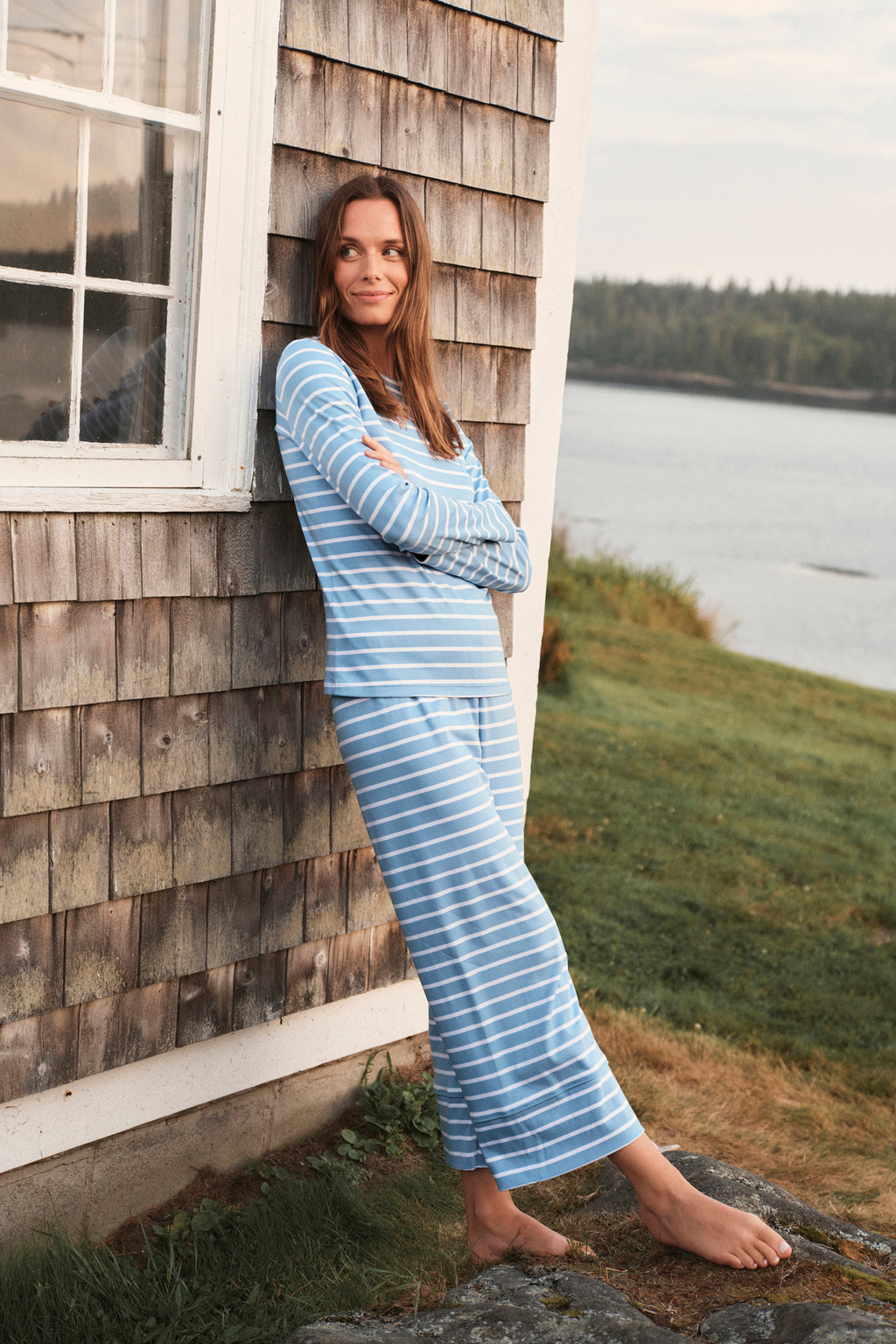 Pima Crew Long Sleeve Wide Leg Pajama Set in Serene Blue Anchor Stripe - Main Image 3