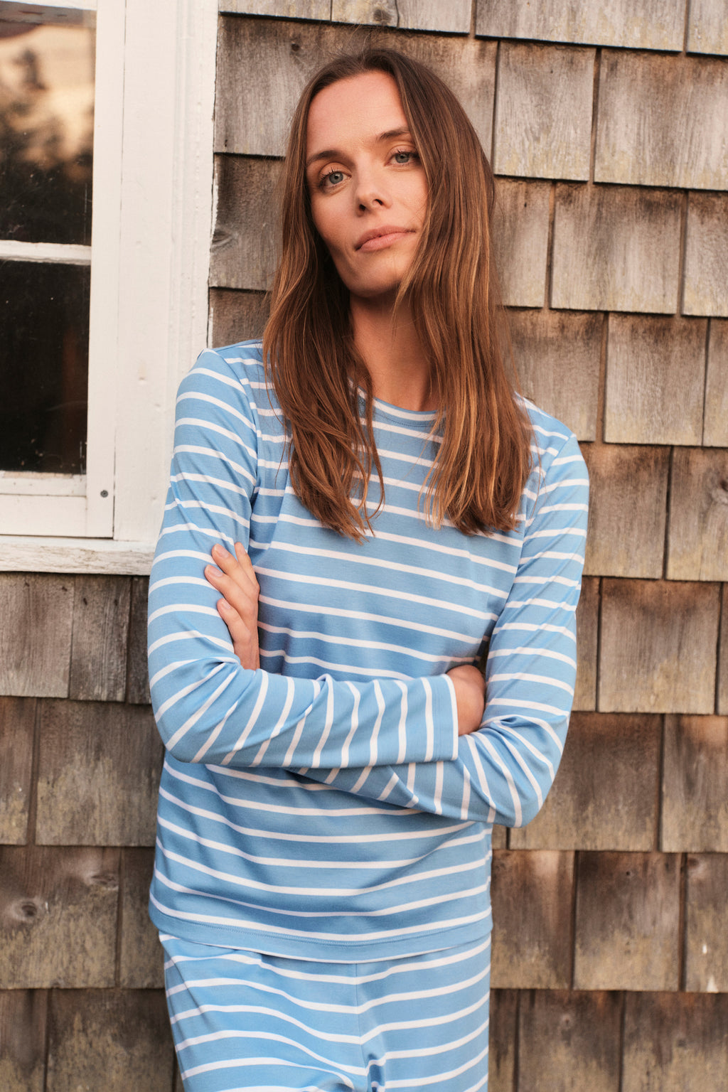 Pima Crew Long Sleeve Wide Leg Pajama Set in Serene Blue Anchor Stripe - Main Image 2