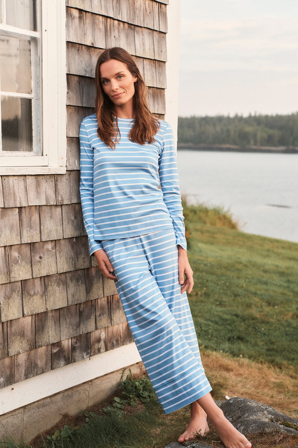 Pima Crew Long Sleeve Wide Leg Pajama Set in Serene Blue Anchor Stripe - Main Image 1