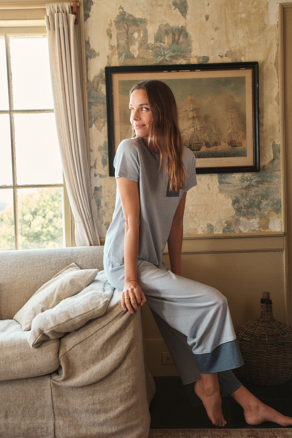 Pima Crew Wide Leg Pajama Set in English Navy Stripe - Main Image 3