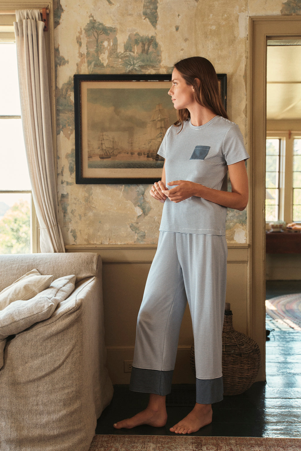 Pima Crew Wide Leg Pajama Set in English Navy Stripe - Main Image 4