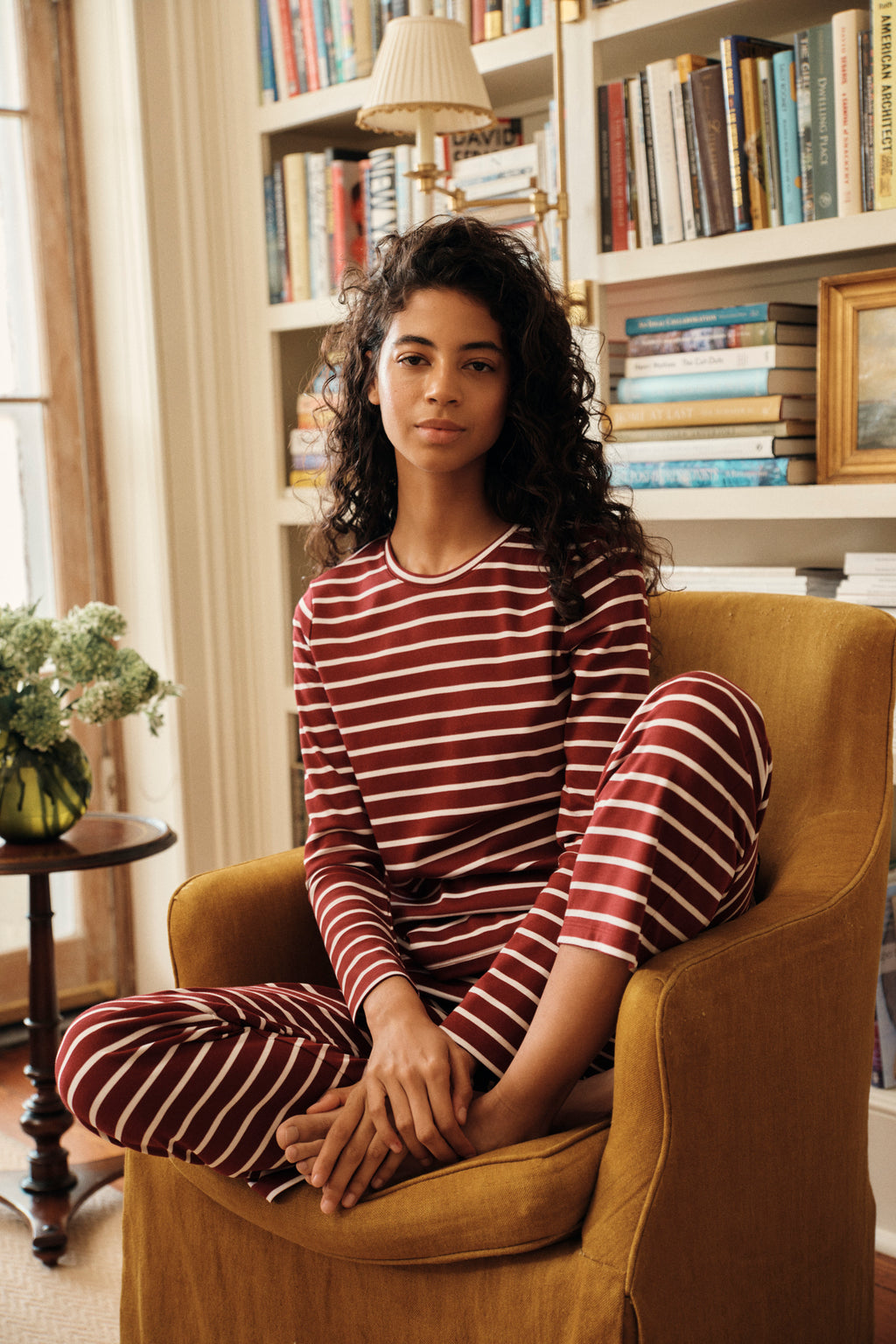 Pima Crew Long-Long Set in Burgundy Anchor Stripe - Main Image 1