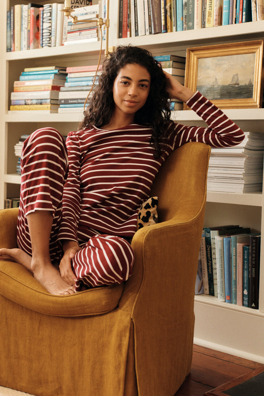 Pima Crew Long-Long Set in Burgundy Anchor Stripe - Main Image 2