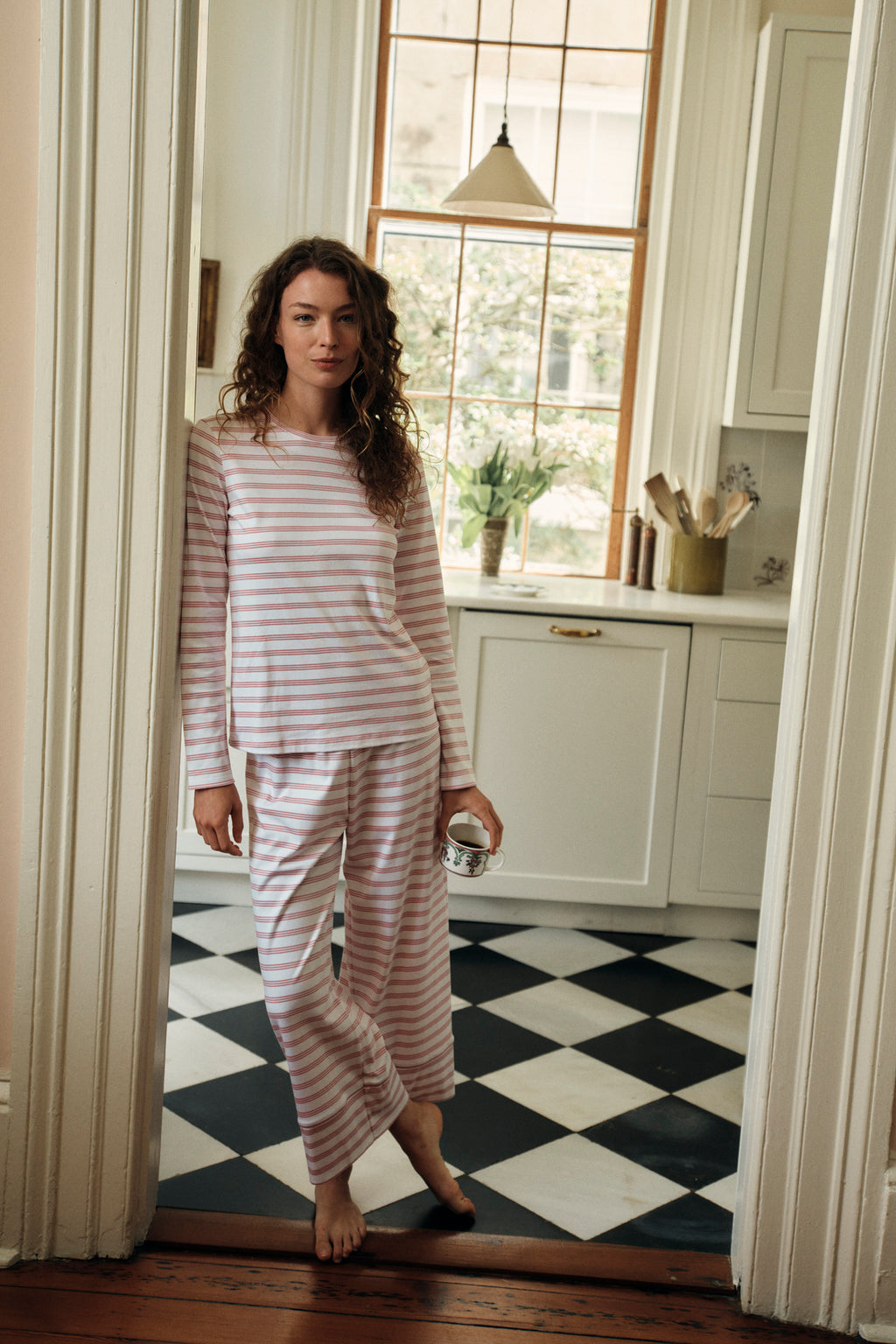 Pima Crew Long Sleeve Wide Leg Pajama Set in Light Camellia Triple Stripe - Main Image 3