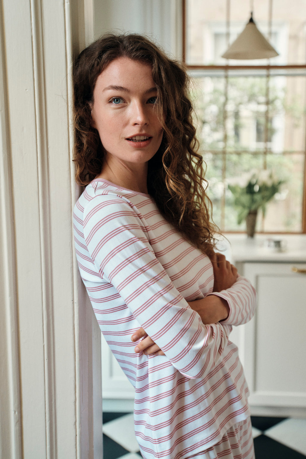 Pima Crew Long Sleeve Wide Leg Pajama Set in Light Camellia Triple Stripe - Main Image 2