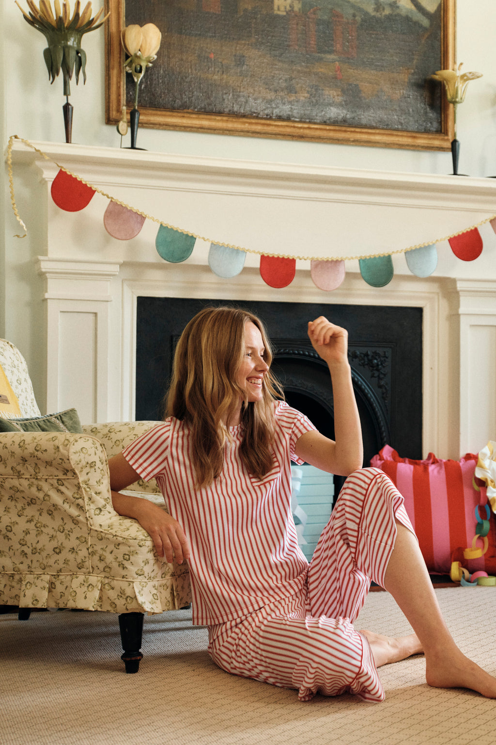 Pima Crew Wide Leg Pajama Set in Classic Red Ticking Stripe - Main Image 2