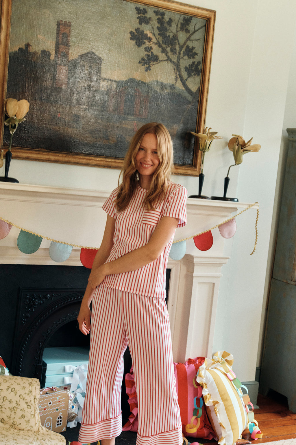 Pima Crew Wide Leg Pajama Set in Classic Red Ticking Stripe - Main Image 3