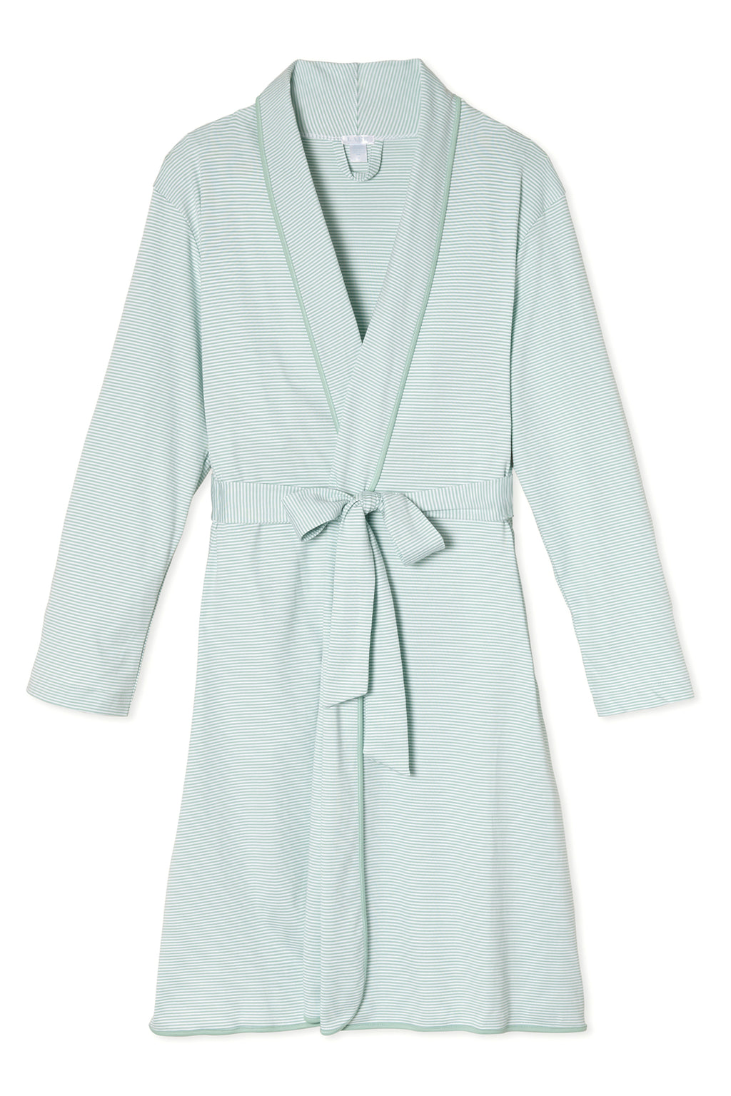 The Pima Robe in Parisian Green features long sleeves, a shawl collar, subtle thin stripes, and a matching fabric belt tied at the waist, shown against a white background.