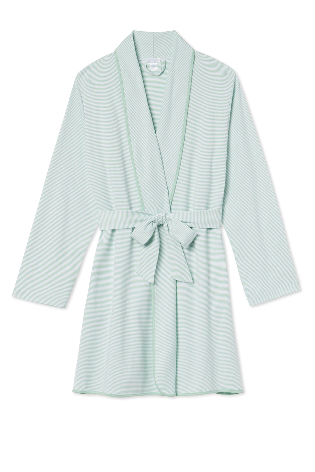 The Pima Short Robe in Parisian Green is a knee-length robe with long sleeves, a shawl collar, and a matching fabric belt at the waist, made from soft Pima cotton and shown on a white background.