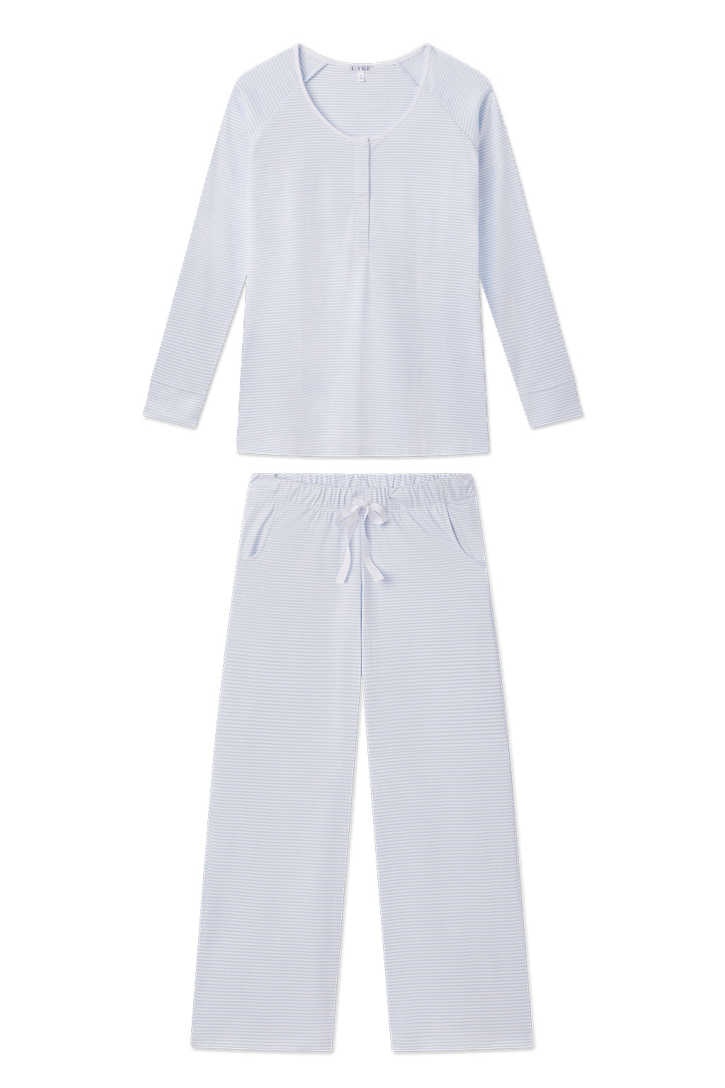 The Pima Maternity Wide Leg Pajama Set in French Blue features a light blue, long-sleeve, button-front top and matching drawstring pants with subtle white stripes. Made from soft Pima cotton, both nursing-friendly pieces are displayed on a white background.