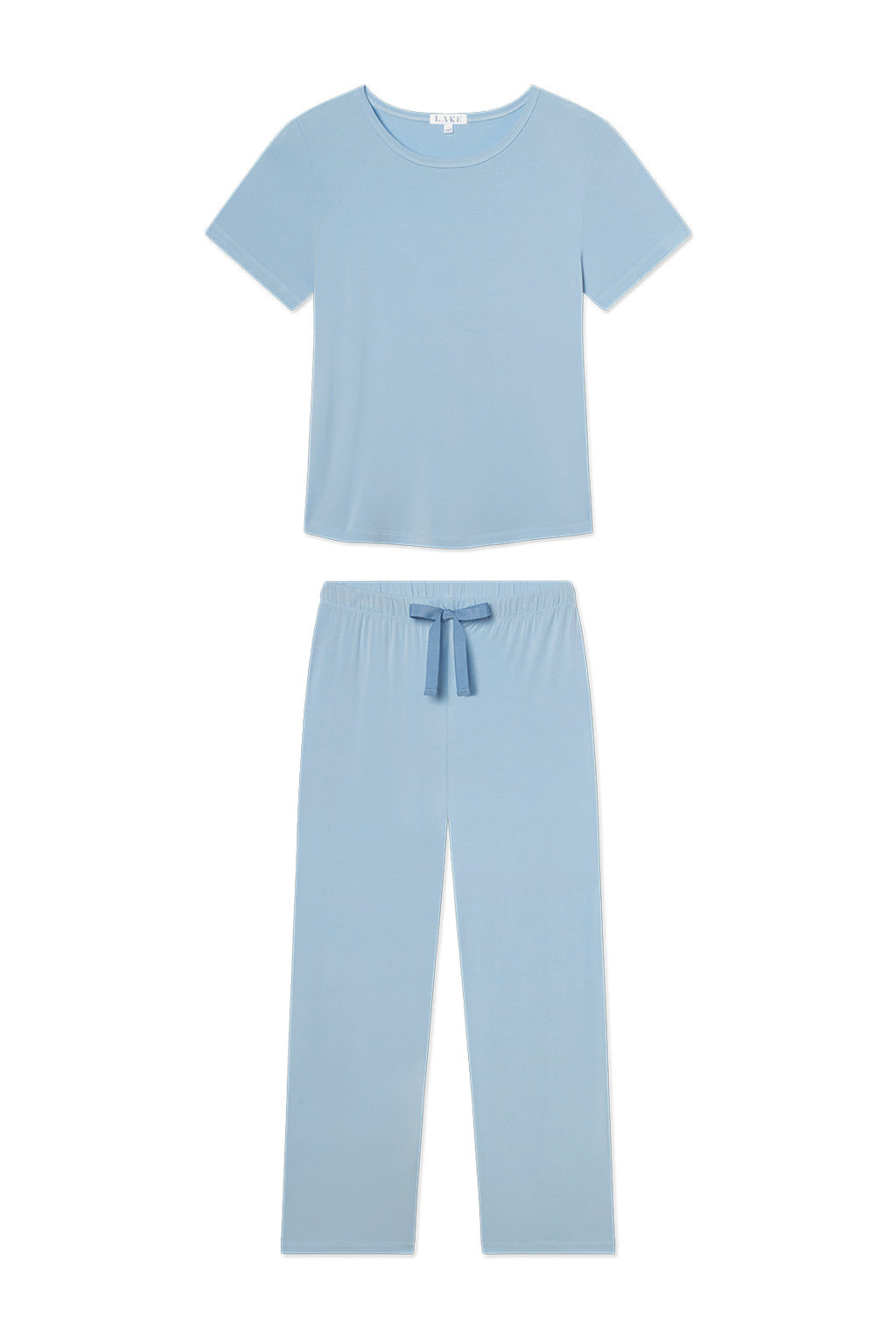 DreamModal Ribbon Short-Long Set in French Blue features a short-sleeve top and long drawstring pants, crafted from soft, lightweight modal fabric for exceptional comfort.