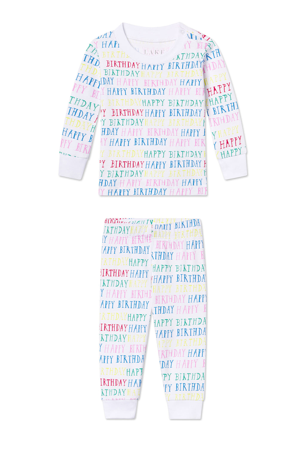 The Baby Long-Long Set in Happy Birthday features long sleeves and pants made from 100% Pima Cotton, with a white background and colorful “HAPPY BIRTHDAY” text in bold capitals.