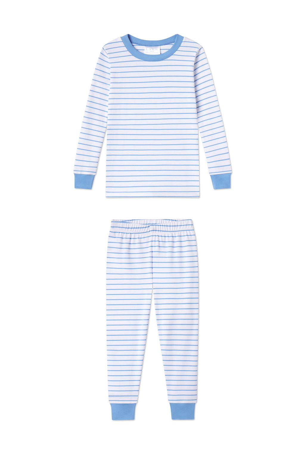 The Kids Long-Long Set in Baltic Blue features white pajamas with thin Baltic Blue stripes, solid light blue cuffs, and is made from soft Pima cotton for extra comfort.