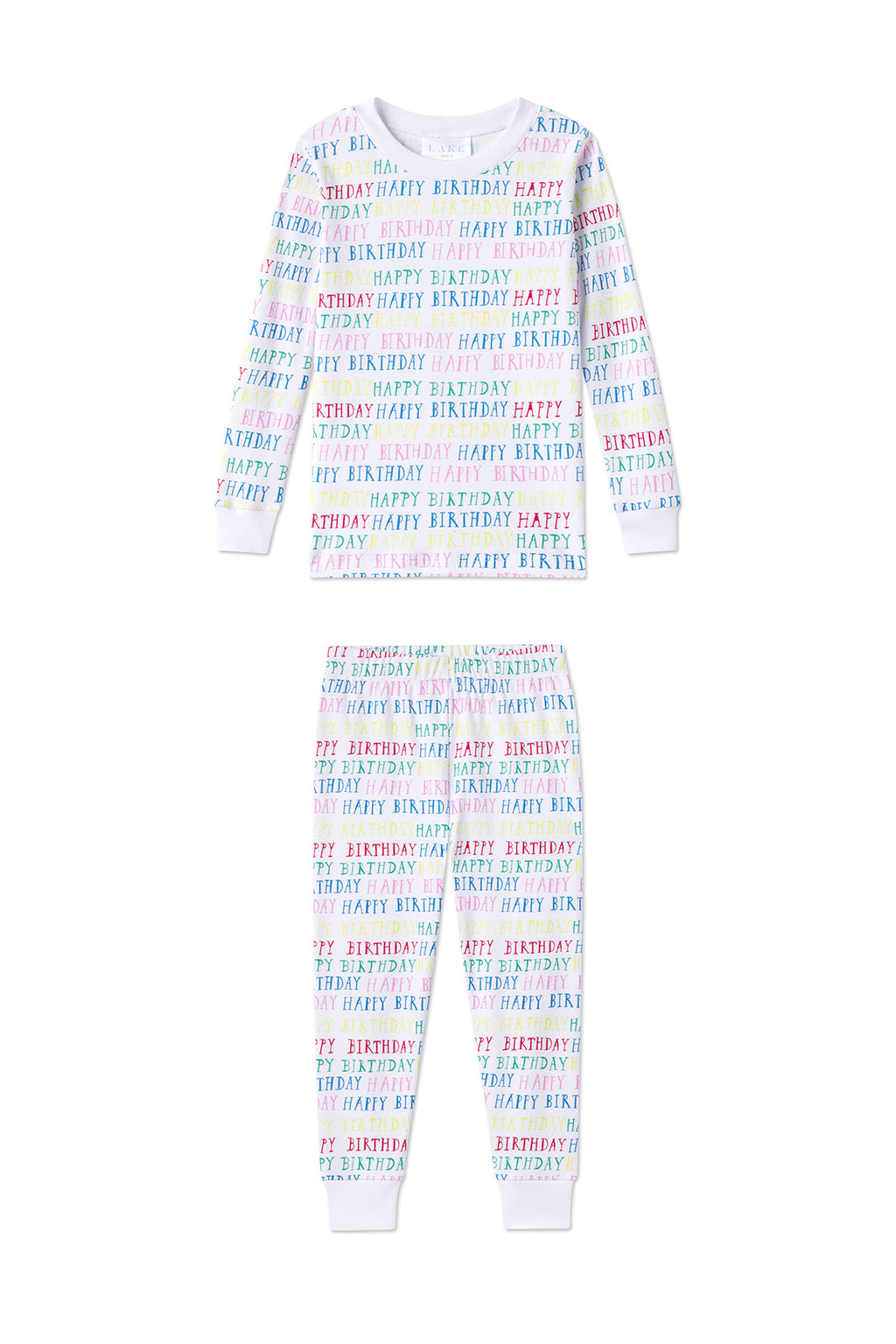 The Kids Long-Long Set in Happy Birthday includes a soft Pima cotton pajama with long sleeves and pants, both white with colorful “HAPPY BIRTHDAY” print and ribbed cuffs at the neckline, sleeves, and ankles for a snug fit.