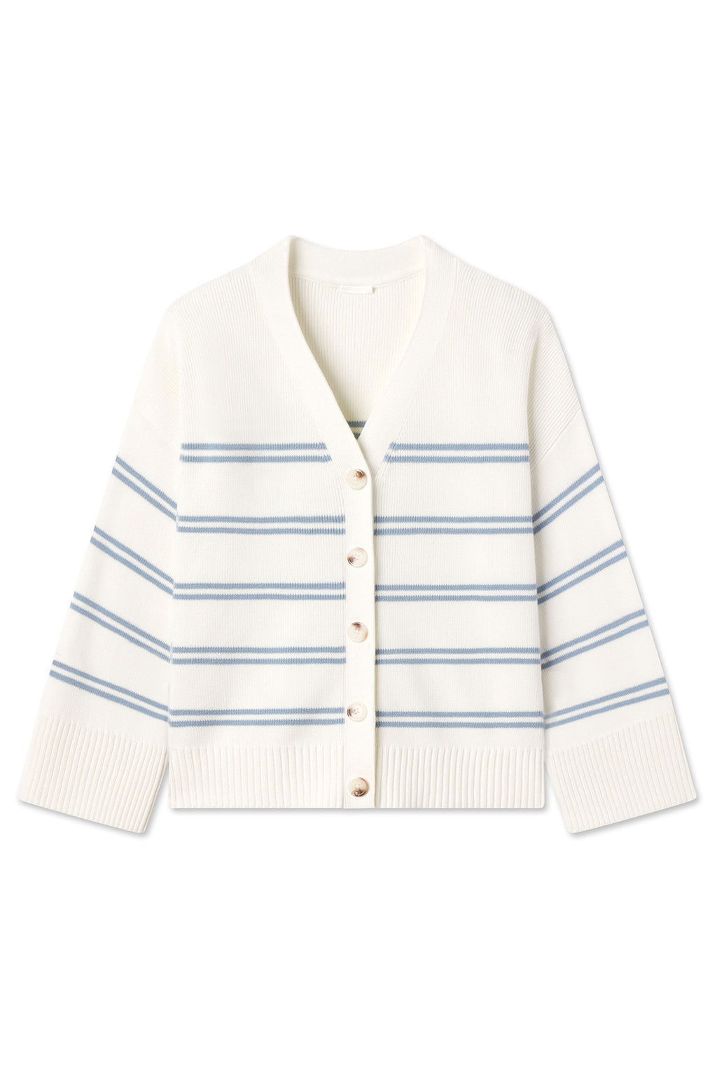 The Nora Cotton Cardigan in Ivory Dusty Blue Stripe is a varsity-style sweater made from 100% cotton, with blue stripes, beige front buttons, and ribbed cuffs and hem.