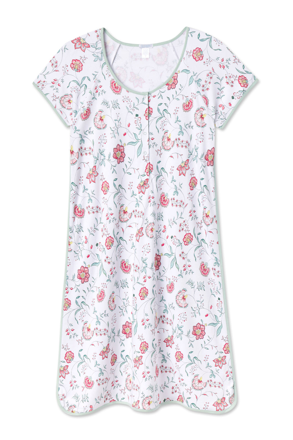 White maternity nightgown with pink and green floral print, short sleeves, V-neck, and center button placket.