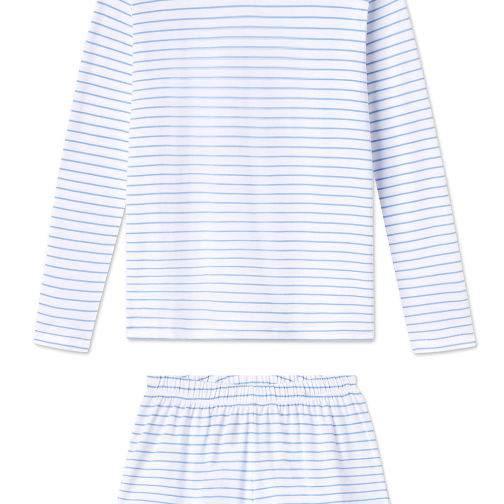 Pima Crew Long-Short Set in Baltic Blue Stripe | Women's | Soft Pajama/Sleepwear | Pima Cotton | 2XS | Lake, image size:1024x1024