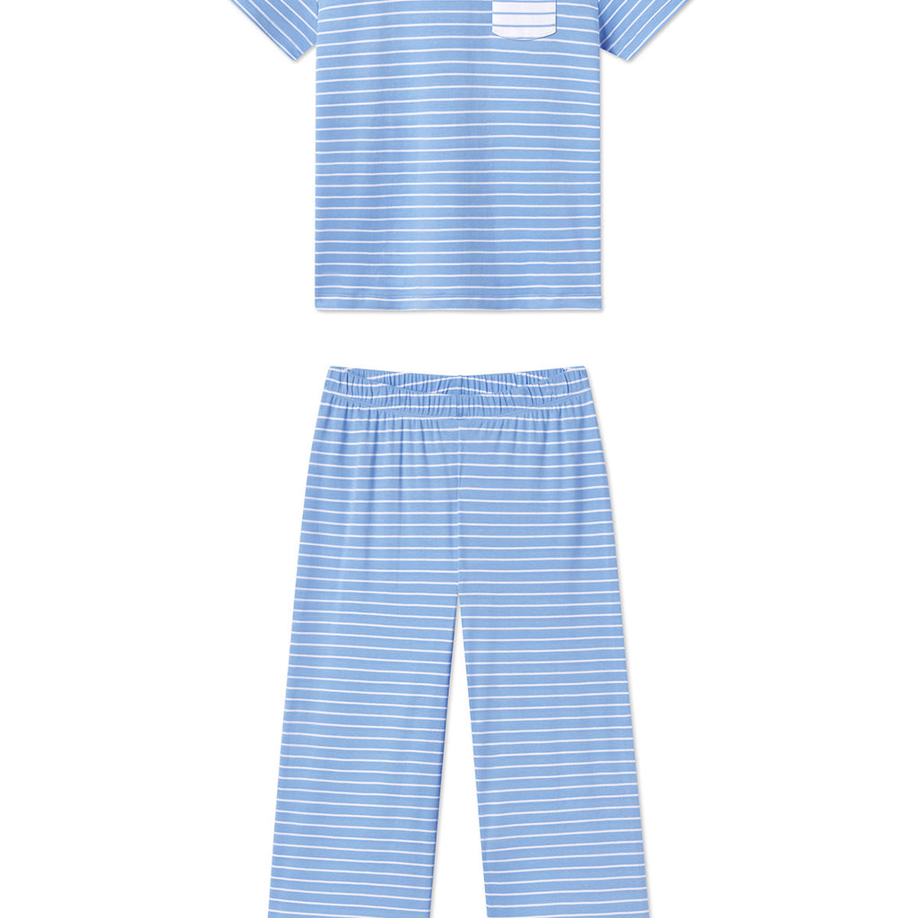 Pima Crew Wide Leg Pajama Set in Mixed Baltic Blue Stripe — XXS