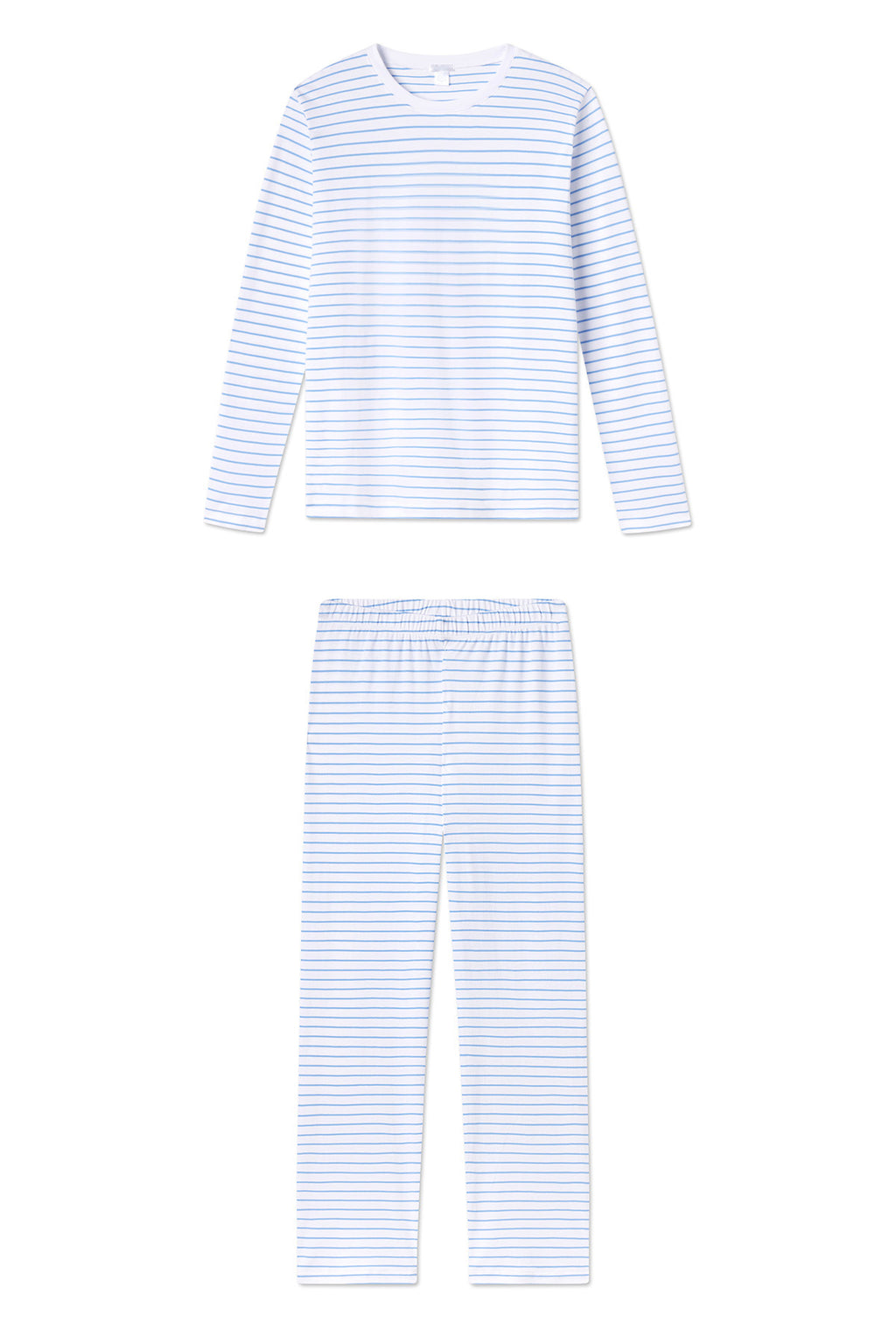 The Pima Crew Long-Long Set in Baltic Blue is a childrens pajama set with a crewneck top and high-waisted pants, designed with thin, light blue stripes on a white base and made from soft, comfortable Pima Cotton.