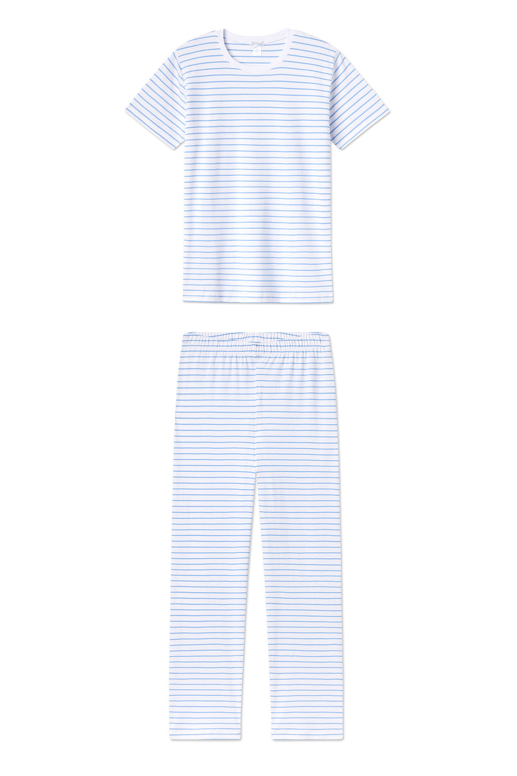 The Pima Crew Short-Long Set in Baltic Blue features a matching short-sleeve top and high-waisted pants with blue and white stripes, crafted from soft Pima cotton and displayed on a white background.