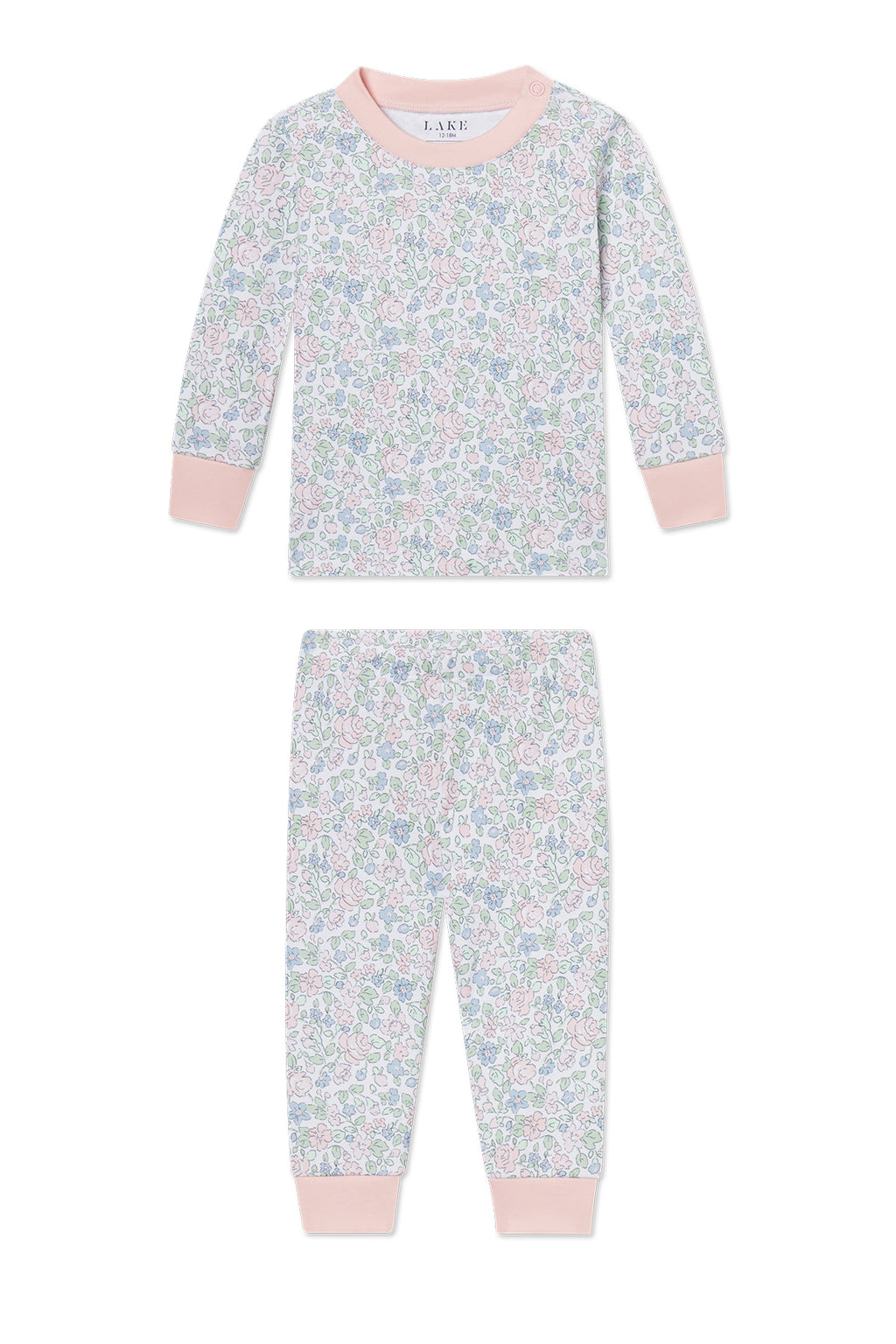 The Baby Long-Long Set in English Rose Elizabeth Floral is a soft Pima cotton two-piece with a pastel floral print, featuring a long-sleeve top and pants with light pink cuffs and collar.