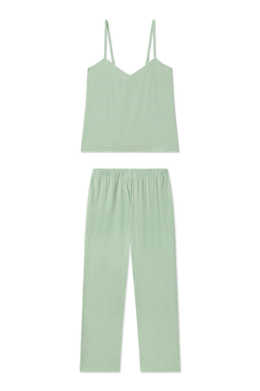 The DreamModal Cami Pants Set in Parisian Green features a sleeveless V-neck camisole with thin straps and matching loose full-length pants with an elastic waistband, shown in light green on a white background.