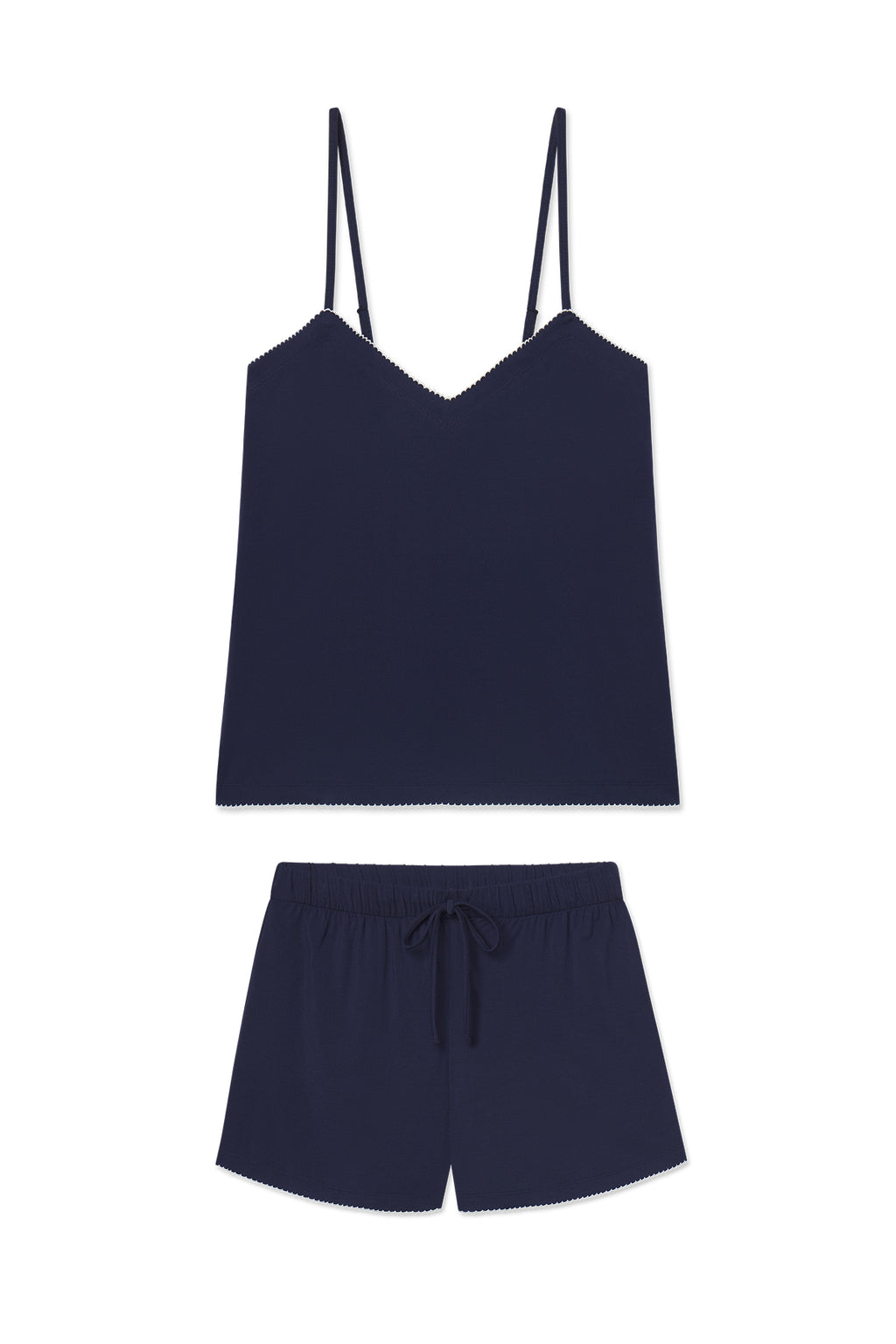 The DreamModal Cami Shorts Set in English Navy includes a sleeveless spaghetti strap top and matching drawstring shorts, both accented with subtle scalloped edges.