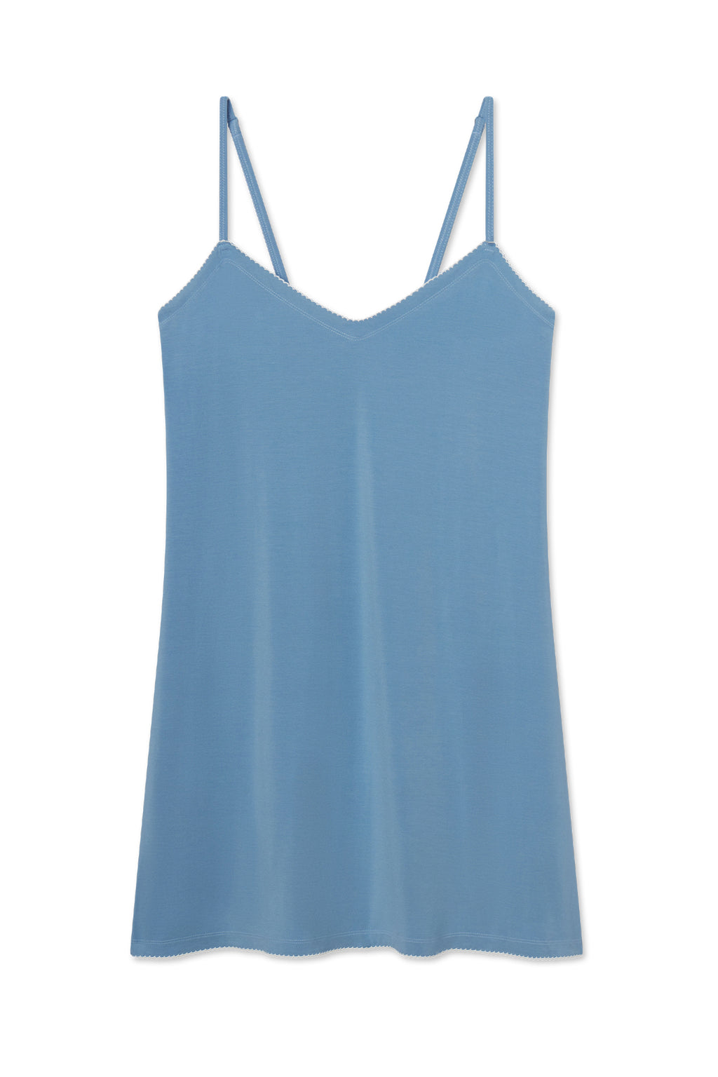The DreamModal Cami Nightgown in Serene Blue features adjustable spaghetti straps and a subtle v-neckline, shown flat on a white background.