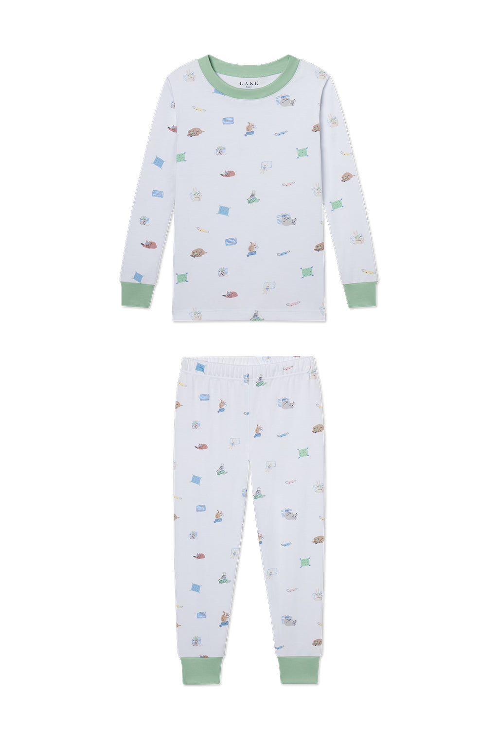 Kids Long-Long Set in Slumber Party: A children’s long-sleeve pajama set in soft Pima cotton, featuring green cuffs and collar, with a white base decorated with colorful sleepy woodland animals and objects. Matching green ankle cuffs on pants.