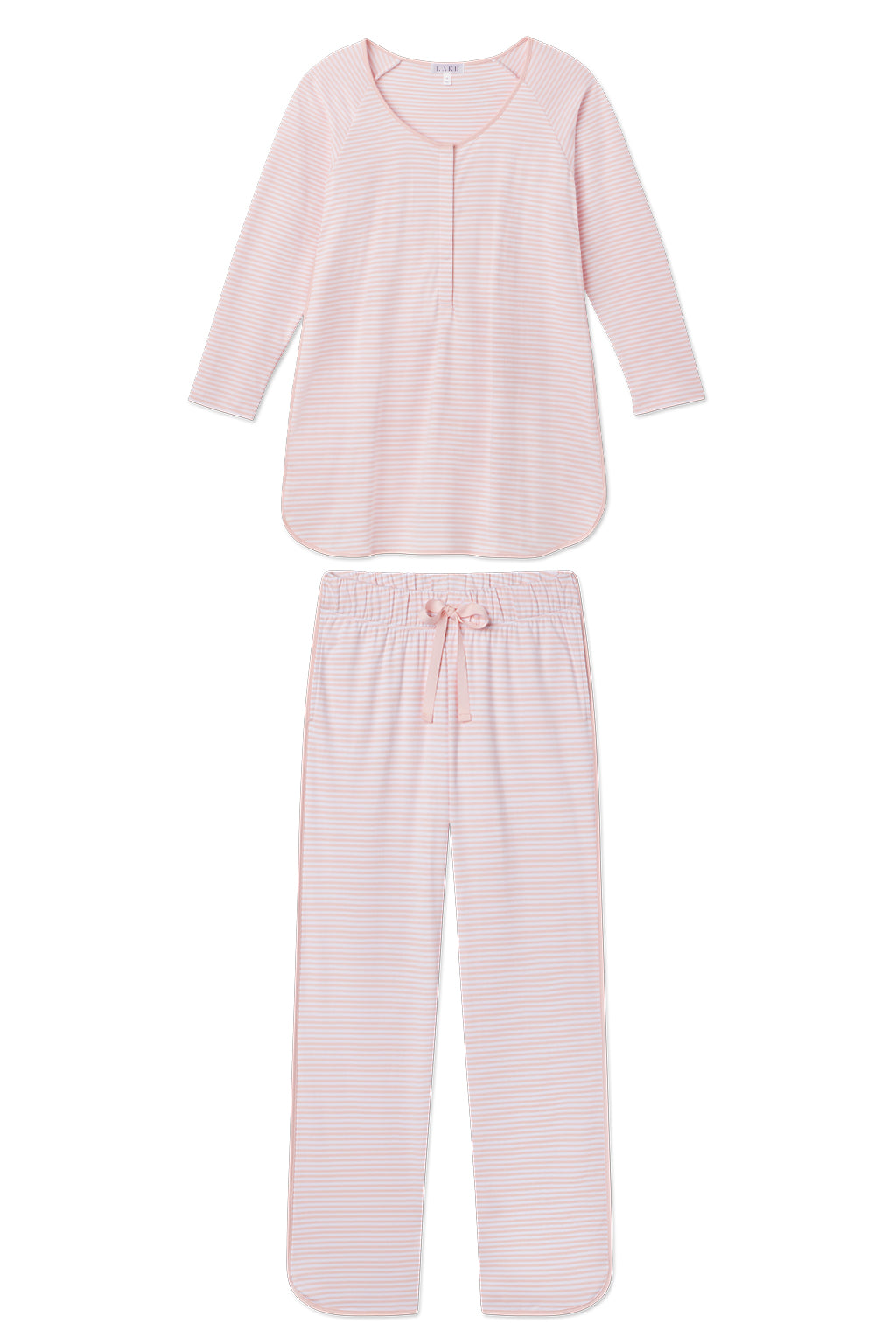 The Pima Maternity Long-Long Set in English Rose Stripe features soft, light pink and white Pima cotton with a buttoned long-sleeve nursing top and matching drawstring pants, both displayed flat on a white background.