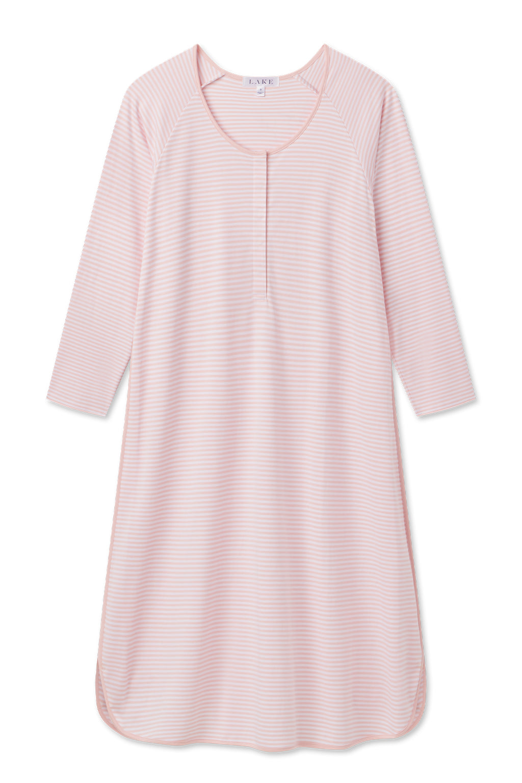 The Pima Maternity Long Sleeve Nightgown in English Rose Stripe is a soft, light pink, knee-length nightgown with thin white stripes, three-quarter sleeves, a round neckline, center pleat, and nursing-friendly design. Made from Pima cotton.
