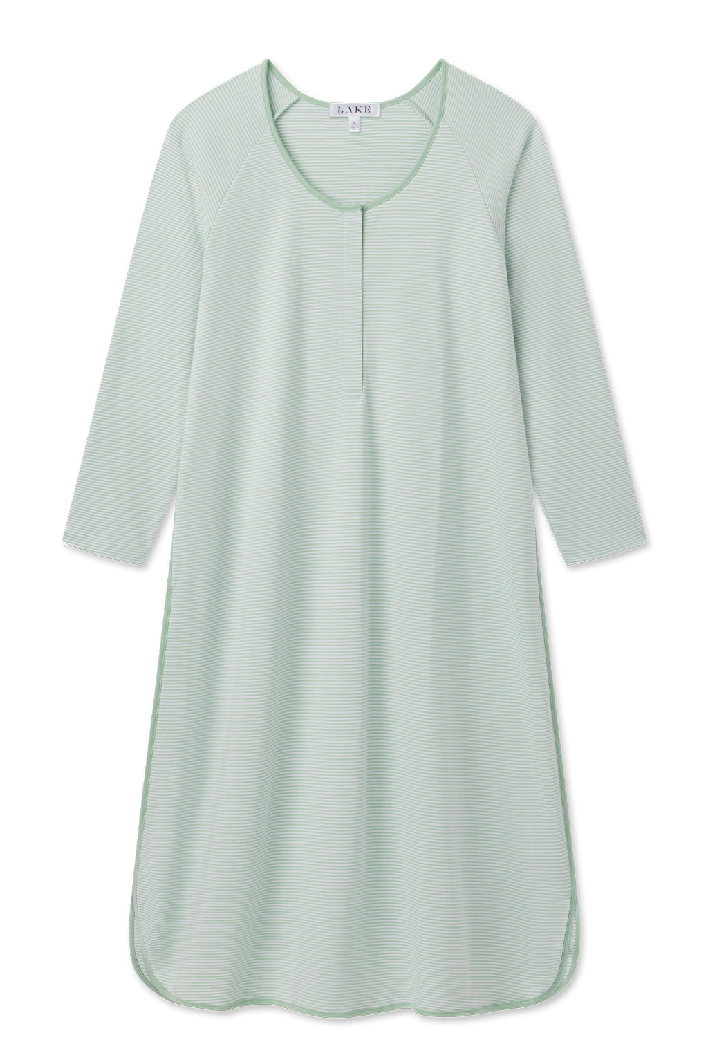 The Pima Maternity Long Sleeve Nightgown in Parisian Green features a knee-length fit, three-quarter sleeves, a round neckline, subtle vertical stripes, and a short front placket, crafted from soft Pima cotton and displayed on a white background.