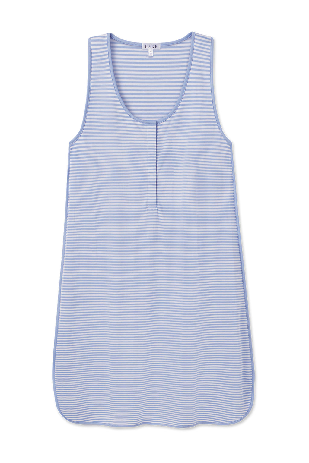 The Pima Maternity Tank Gown in Hydrangea features sleeveless, light blue and white stripes, a round neckline, and a short front placket, shown laid flat on a white background.