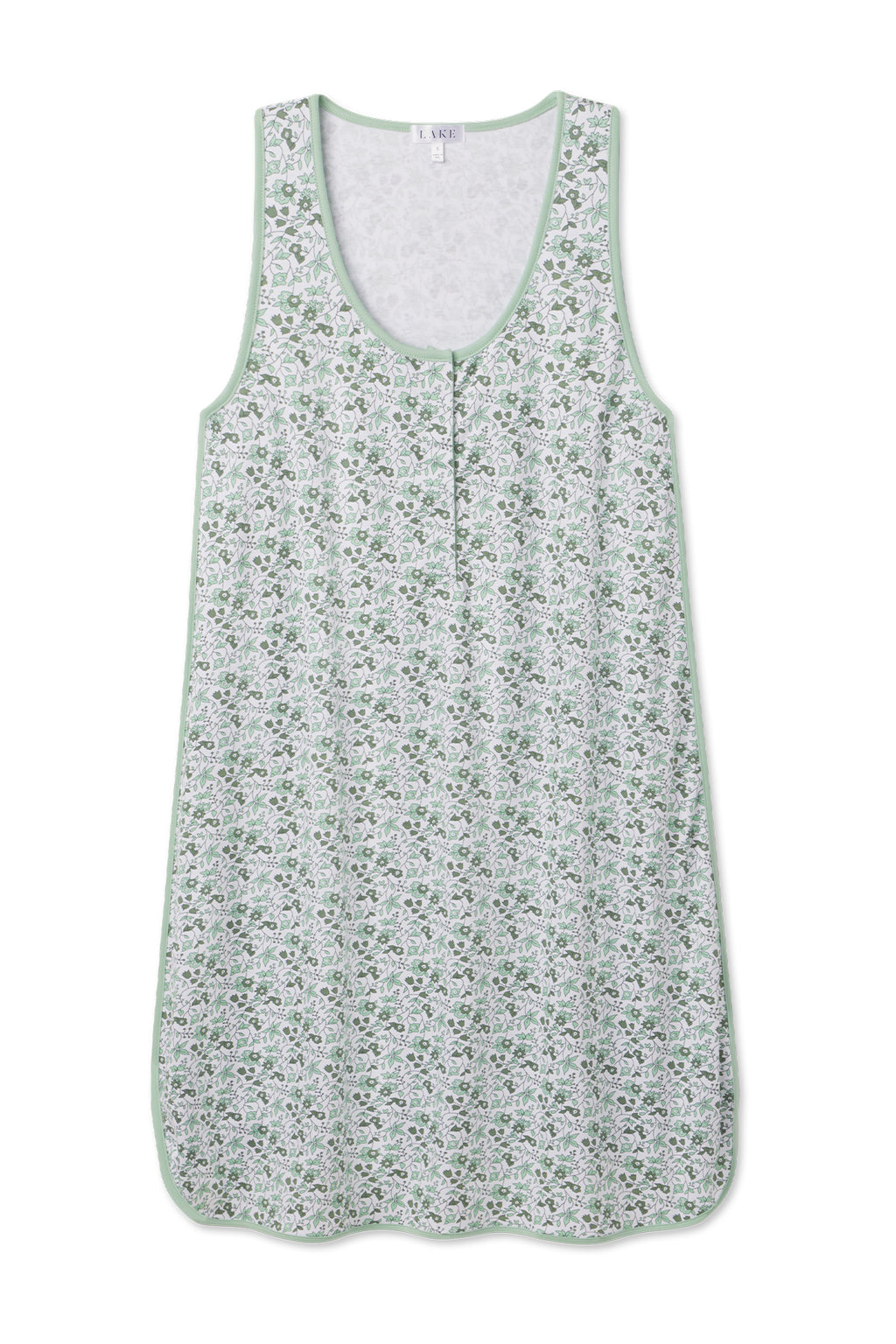 The Pima Maternity Tank Gown in Topiary Garden Floral features a sleeveless, loose fit with green and white floral print, green trim, round neckline with front pleat detail, all crafted from soft Pima cotton.
