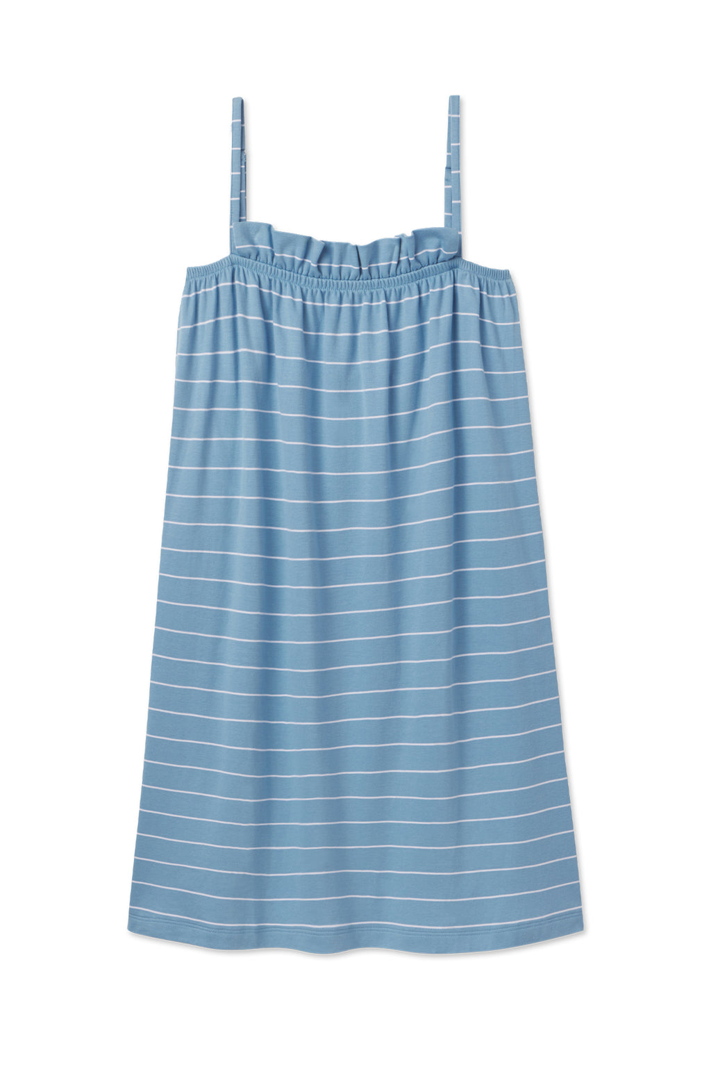 The Pima Ruffle Nightgown in Serene Blue Boating Stripe is a sleeveless, loose-fit dress with white horizontal stripes, spaghetti straps, a gathered elastic neckline, and made from soft Pima cotton.