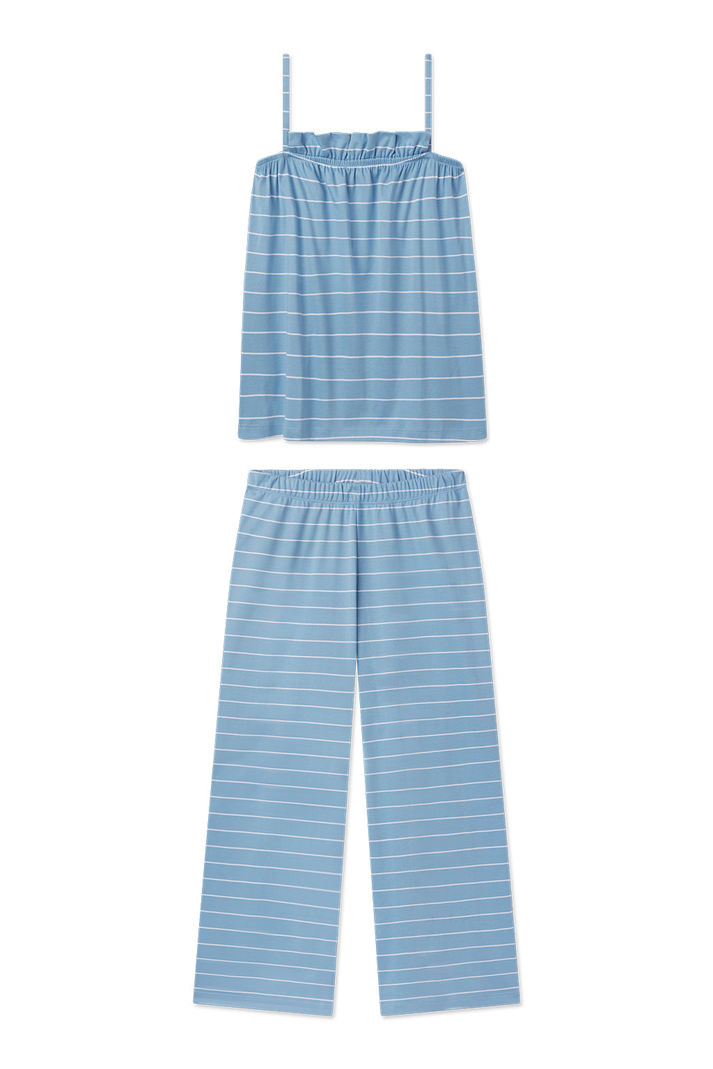 The Pima Ruffle Pants Set in Serene Blue Boating Stripe features a sleeveless, spaghetti-strap top and matching wide-leg ruffle pants, crafted from soft Pima cotton for comfort and style.