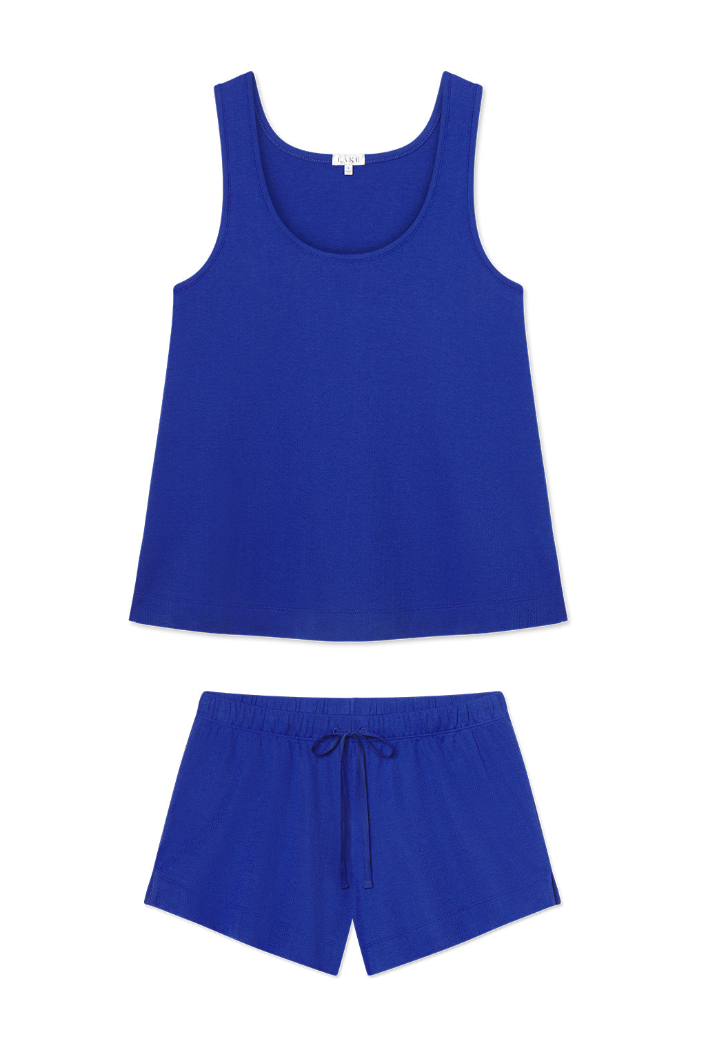 The Pointelle Pajama Shorts Set in Cobalt is a lightweight knit Pima cotton set with a sleeveless scoop-neck tank top and drawstring shorts, shown laid flat on a white background.