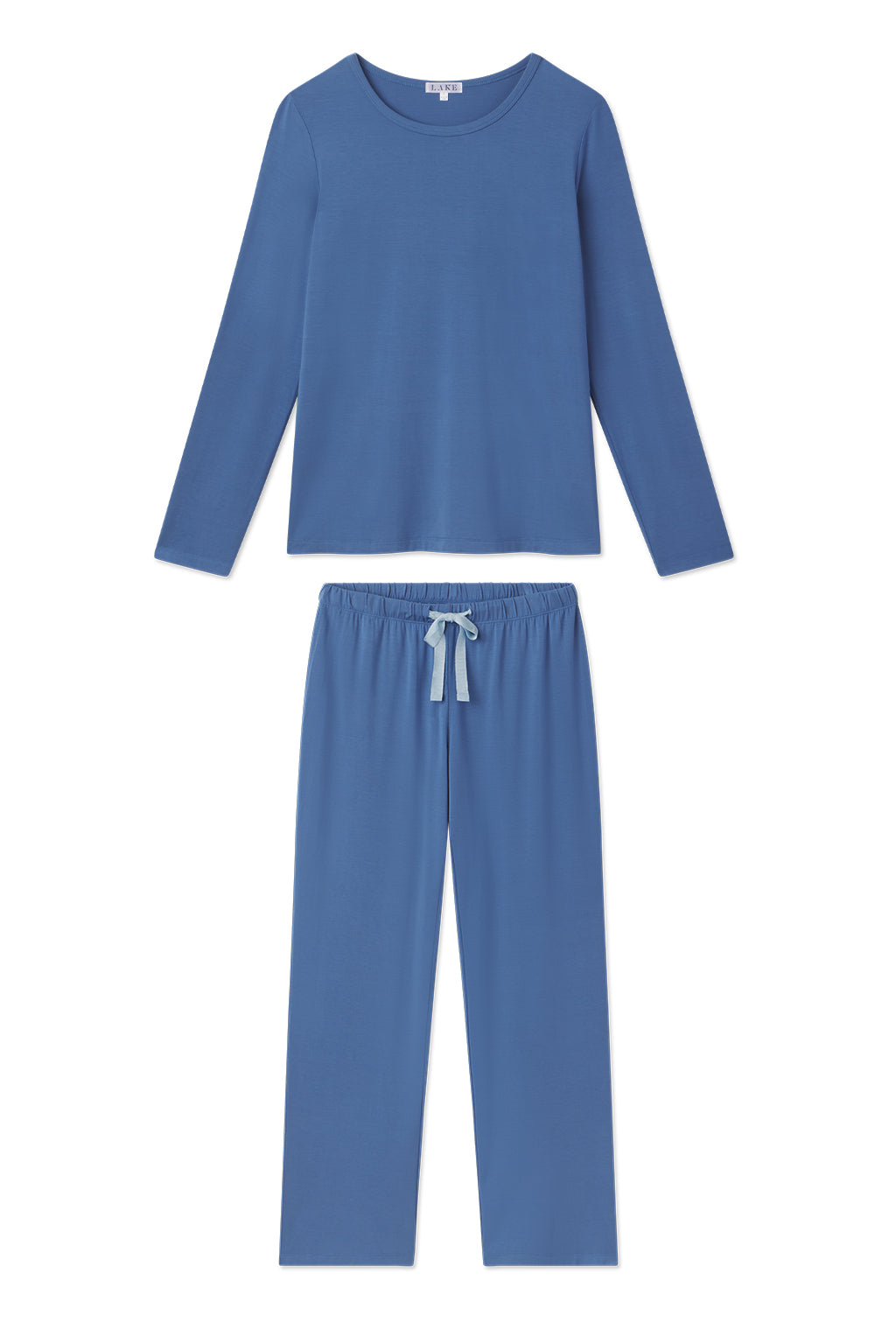 The DreamModal Ribbon Long-Long Set in Seaport features a matching blue long-sleeve top and pajama pants with a light blue drawstring at the waistband, both displayed flat on a white background.