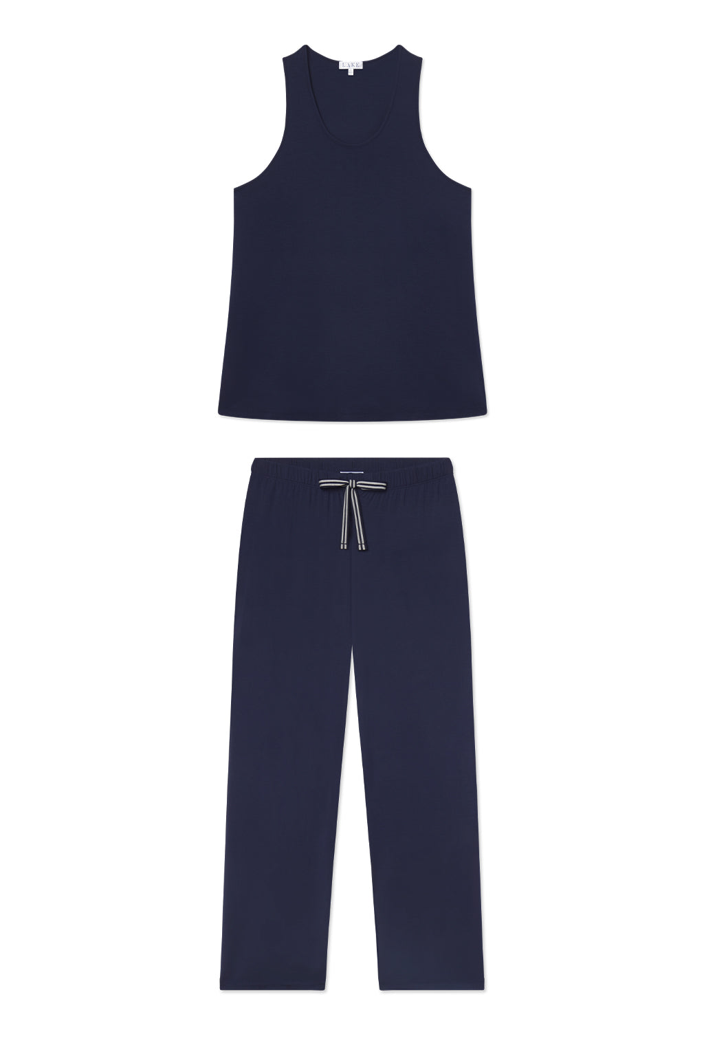 The DreamModal Ribbon Tank-Long Set in English Navy features a soft modal sleeveless tank top and straight-leg drawstring pants, shown flat on a white background.