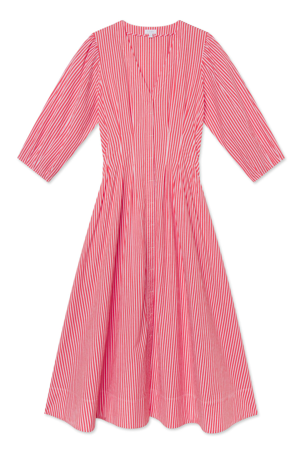 The Sunday Dress in Tart Bengal Stripe features bold red and white stripes, a V-neckline, three-quarter sleeves, a fitted waist, and a flared midi skirt—perfect for any daytime occasion.