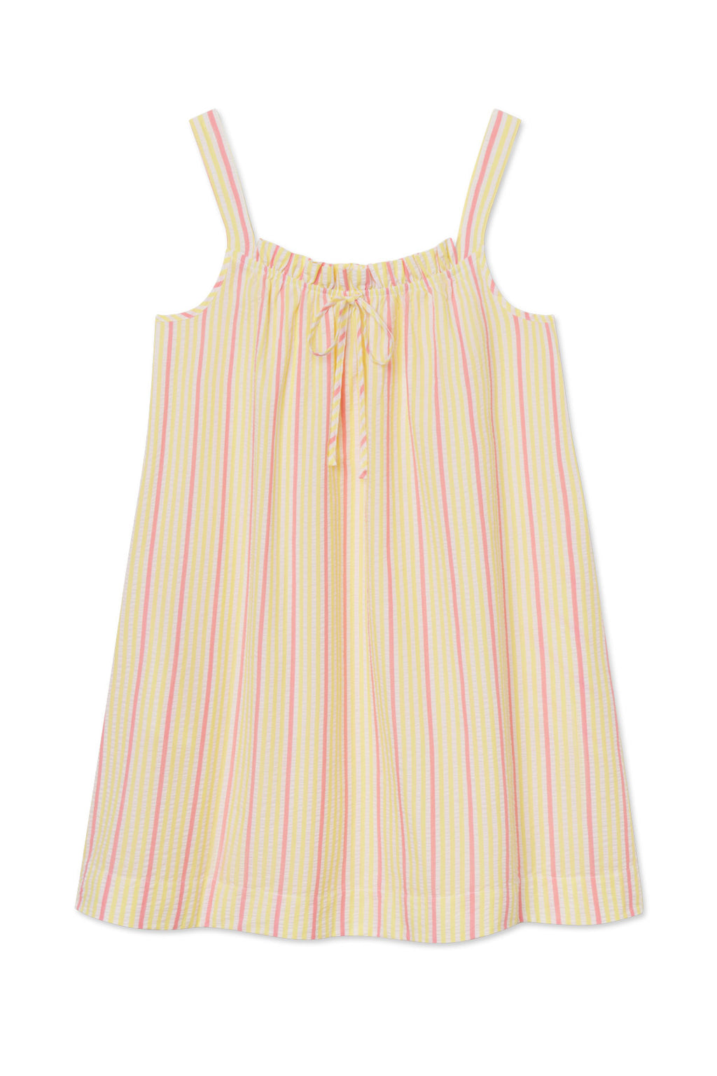 The Alice Nightgown in Zest Coastline Seersucker features a sleeveless, loose fit with thin straps, a gathered neckline with a bow detail, and an airy silhouette in pink, yellow, and white for relaxed comfort.