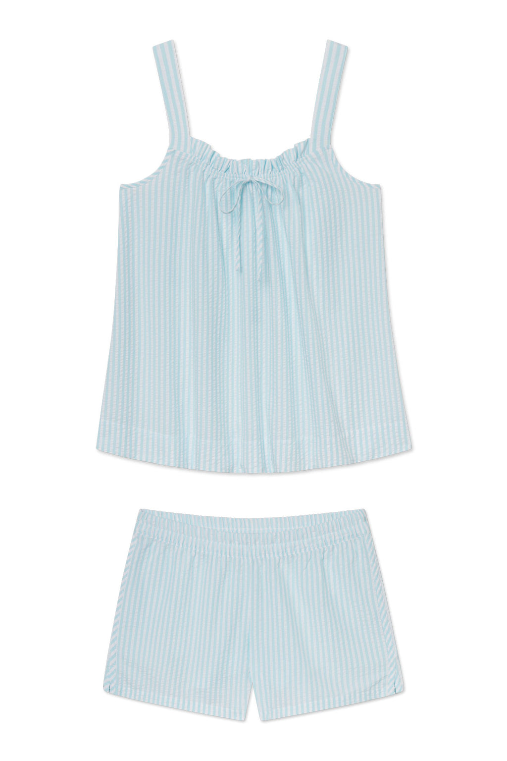 The Alice Shorts Set in Salt Spray Seersucker features a light blue and white sleeveless loose-fit cami top with a neckline bow and matching elastic-waist shorts, displayed flat on a white background.