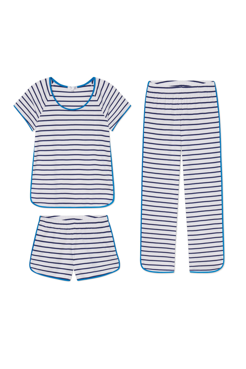 The Pima Bundle in Blue Depths Anchor Stripe features a three-piece set—short-sleeve top, shorts, and long pants—all in navy and white stripes with blue trim, made from soft Pima cotton and finished with an elastic waistband for comfort.